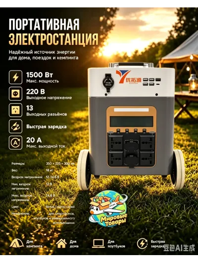 Портативная электростанция на литий-железо-фосфатных аккумуляторах 220В, ёмкость 1500 Вт·ч, оснащена универсальными розетками